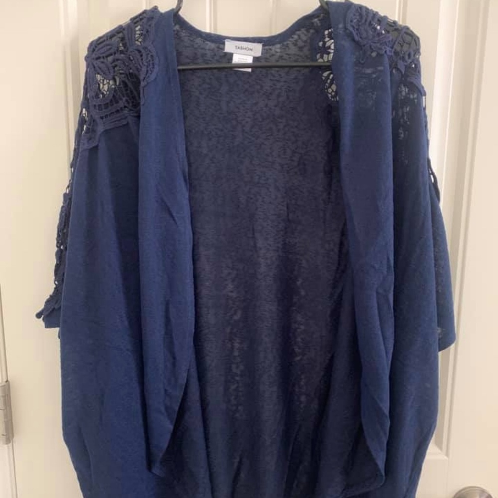 Tashon Navy Blue Lace Shoulder Kimono Open Front Cardigan Shrug Bolero Missy OS - Picture 4 of 7
